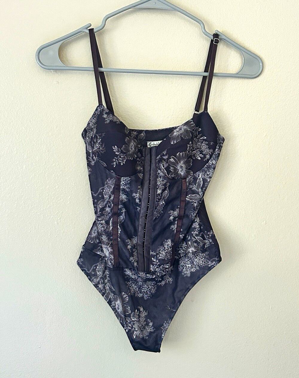 Intimately Free People Corset Bodysuit Floral Mesh Hook Eye Black Grey XS Excell